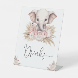 Cute Elephant Pink Boho Girl Baby Shower Drinks Pedestal Sign