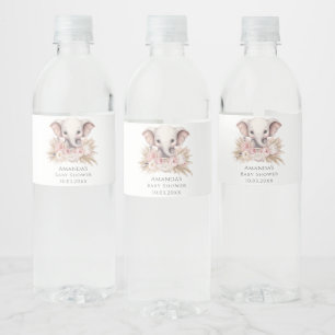 Cute Elephant Pink Boho Girl Baby Shower Water Bottle Label