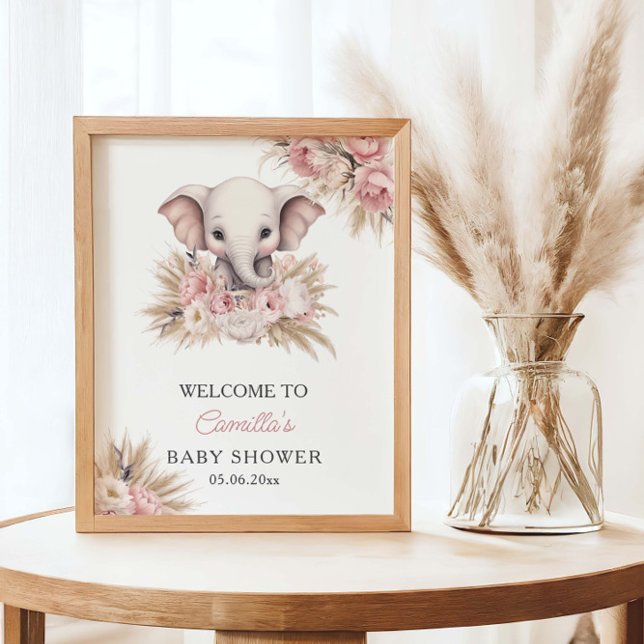 Cute Elephant Pink Boho Girl Baby Shower Welcome Poster (Creator Uploaded)