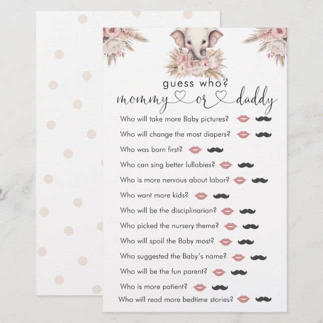 Cute Elephant Pink Boho Girl "Guess Who" Game (Front/Back)