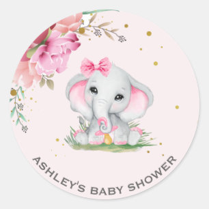 Cute Elephant Pink Floral Baby Shower Classic Round Sticker