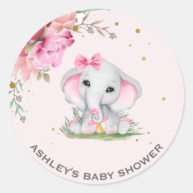 Cute Elephant Pink Floral Baby Shower Classic Round Sticker (Front)