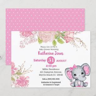 Cute Elephant Pink Floral Baby Shower Invitation