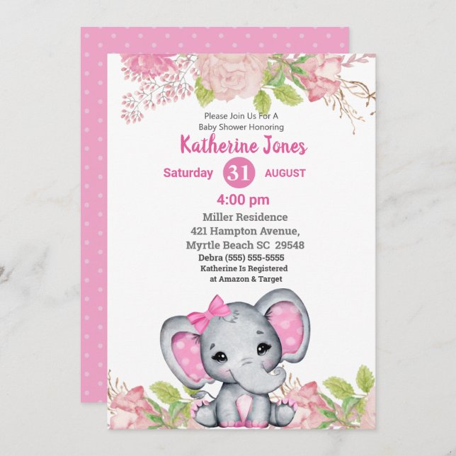 Cute Elephant Pink Floral Baby Shower Invitation (Front/Back)