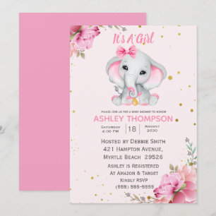 Cute Elephant Pink Floral Baby Shower Invitation