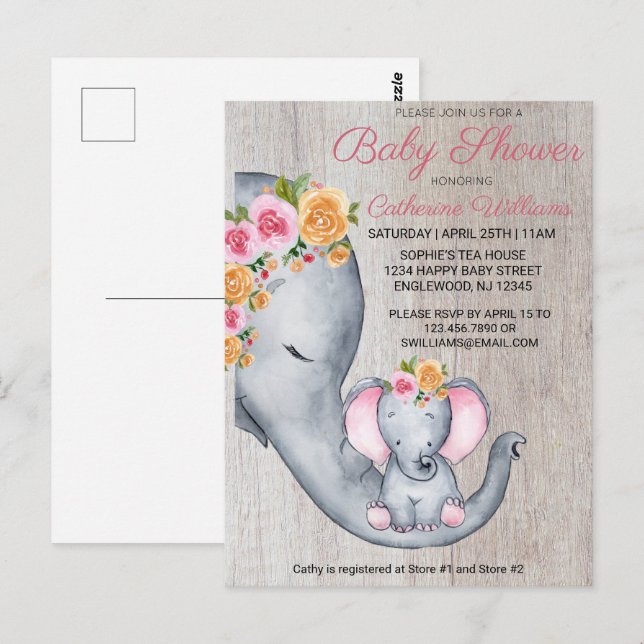 Cute Elephant Pink Floral Baby Shower Invitation Postcard (Front/Back)