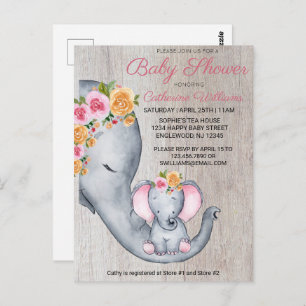 Cute Elephant Pink Floral Baby Shower Invitation Postcard