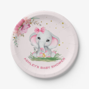 Cute Elephant Pink Floral Baby Shower   Paper Plate