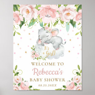 Cute Elephant Pink Floral Baby Shower Welcome Sign