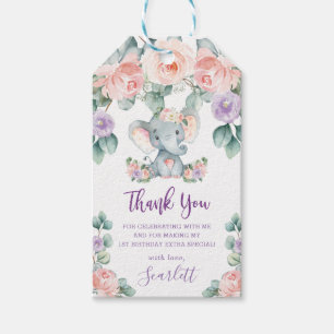 Cute Elephant Pink Floral Birthday Thank You Favor Gift Tags