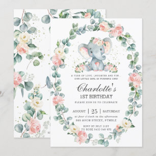 Cute Elephant Pink Floral Greenery 1st Birthday Invitation