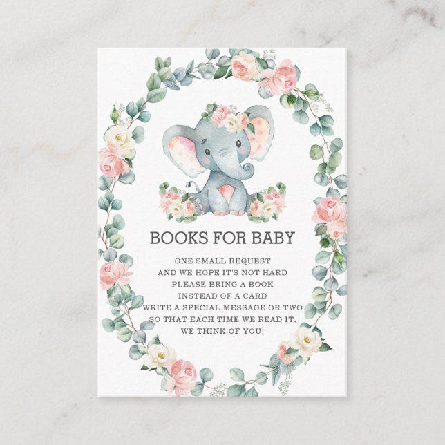 Cute Elephant Pink Floral Greenery Books for Baby  Enclosure Card (Front)