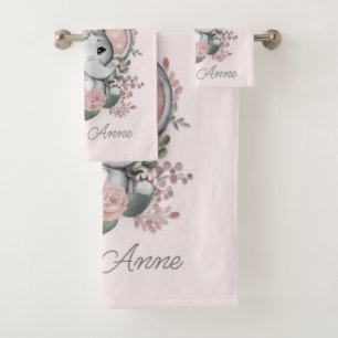 Cute Elephant Pink Floral Greenery Child's Name   Bath Towel Set