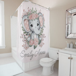 Cute Elephant Pink Floral Greenery Child's Name   Shower Curtain