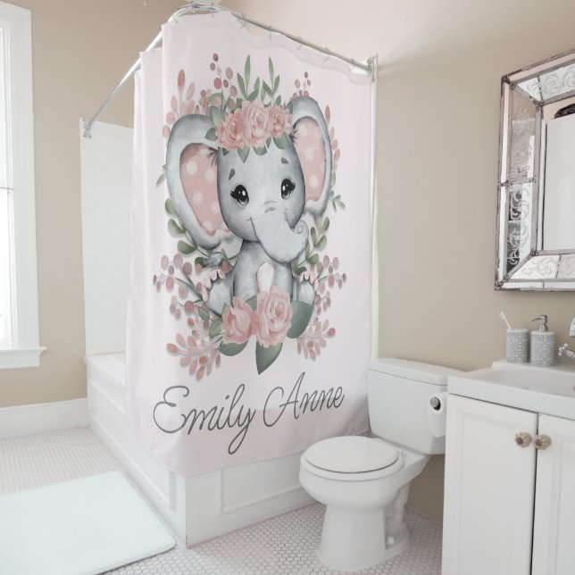 Cute Elephant Pink Floral Greenery Child's Name   Shower Curtain (In Situ)