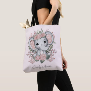 Cute Elephant Pink Floral Greenery Child's Name Tote Bag