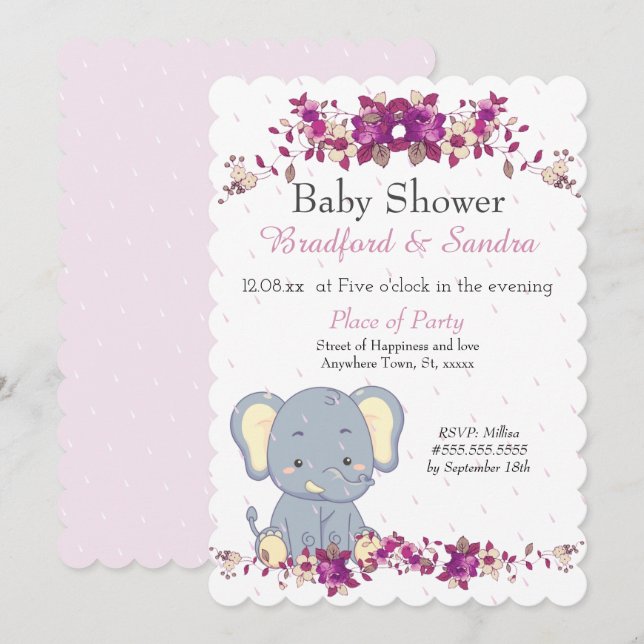 Cute Elephant Pink Floral raindrops Baby Shower Invitation (Front/Back)