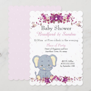 Cute Elephant Pink Floral raindrops Baby Shower Invitation