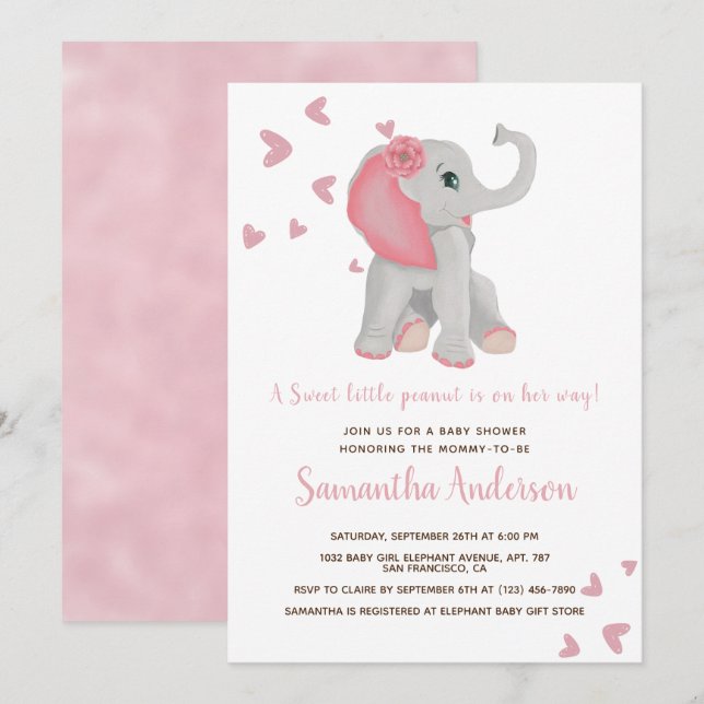 Cute Elephant Pink Floral Watercolor Baby Shower   Invitation (Front/Back)