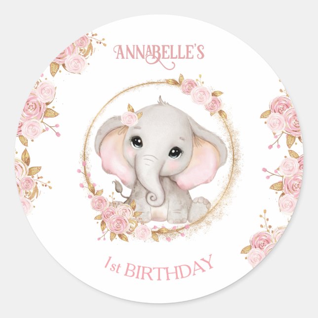 Cute Elephant Pink Flowers 1st Birthday Girl Classic Round Sticker (Front)