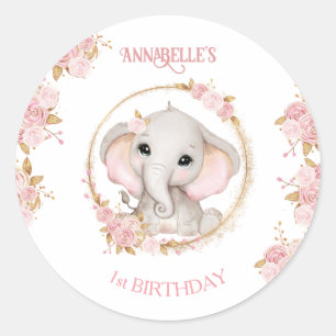 Cute Elephant Pink Flowers 1st Birthday Girl Classic Round Sticker