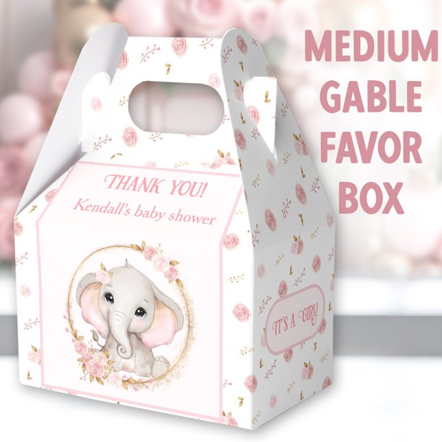 Cute Elephant Pink Flowers Baby Shower Medium Favour Box (Cute Elephant Medium Gable Favor Boxes - You can choose from 3 sizes of these gable favor boxes)