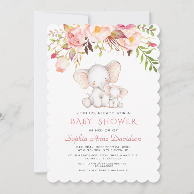 Cute Elephant Pink Flowers Girl Baby Shower Invitation (Front)