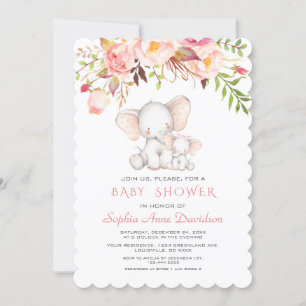 Cute Elephant Pink Flowers Girl Baby Shower Invitation