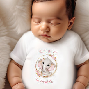 Cute Elephant Pink Flowers Name Girl Baby T-Shirt