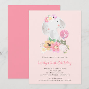 Cute Elephant Pink Girl 1st Birthday Invitation