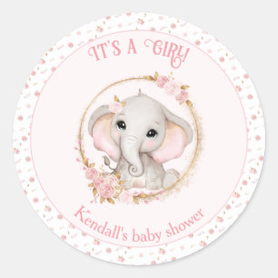 Cute Elephant Pink Girl Baby Shower Stickers