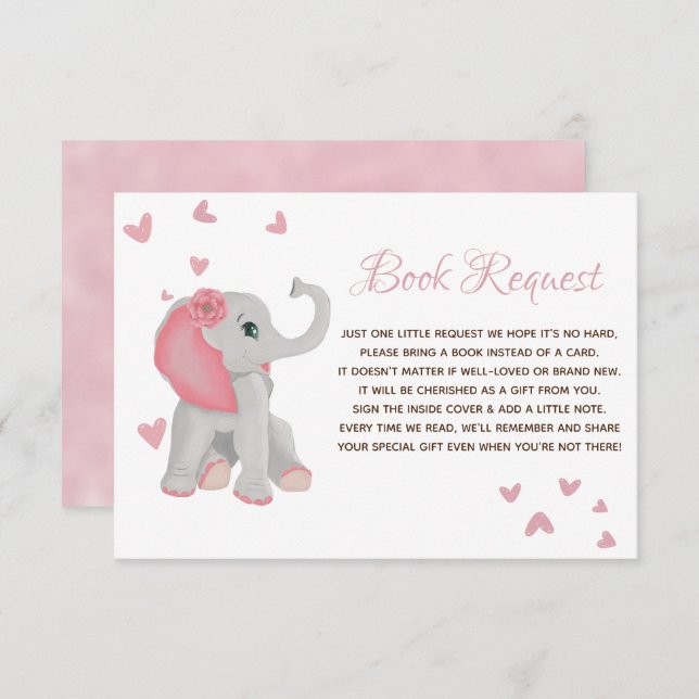 Cute Elephant Pink Girl Book Request Baby Shower Enclosure Card (Front/Back)