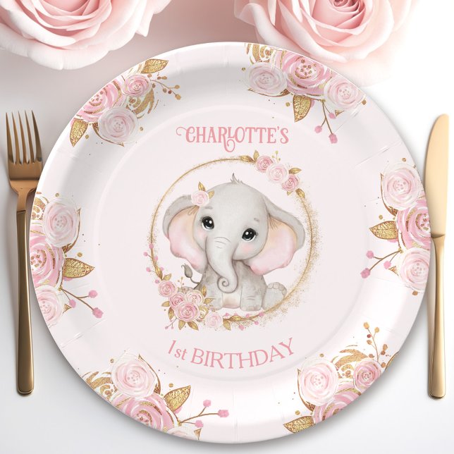 Cute Elephant Pink Girl Floral Roses 1st Birthday  Paper Plate (Cute Elephant Pink Girl Floral Roses 1st Birthday Paper Plates)