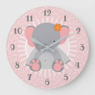 Cute Elephant Pink Girls Room Baby Nursery Large Clock