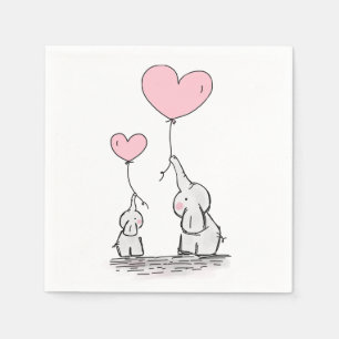 Cute Elephant Pink Heart Balloons Girl Baby Shower Napkin