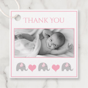 Cute Elephant Pink Hearts Photo Thank You Favour Tags