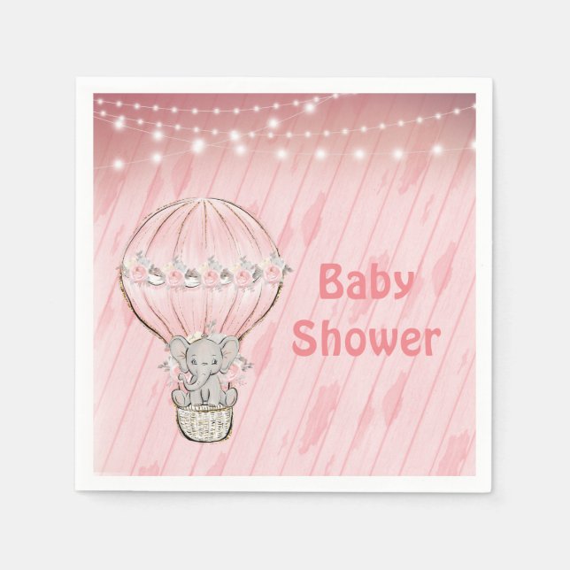 Cute Elephant Pink Hot Air Balloon Baby Shower  Napkin (Front)