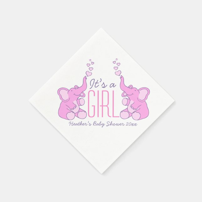 Cute Elephant pink named baby shower girl napkin (Corner)