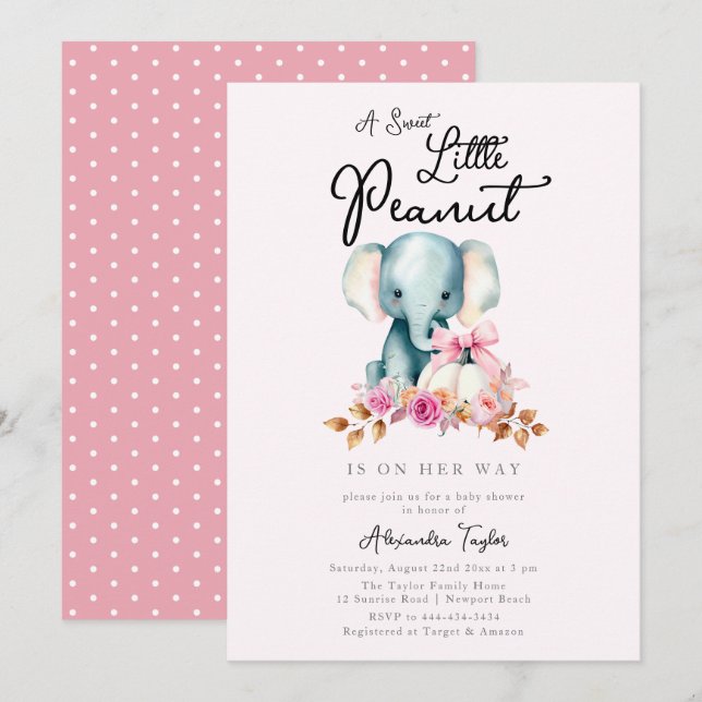 Cute Elephant Pink Pumpkin Fall Girl Baby Shower Invitation (Front/Back)