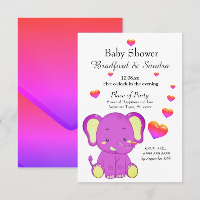 Cute  Elephant Pink Purple Hearts Girl Baby Shower Invitation (Front/Back)