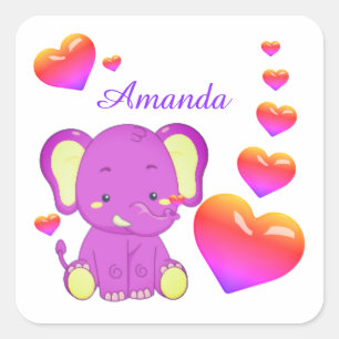 Cute Elephant Pink Purple Hearts Girl Square St Square Sticker
