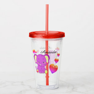 Cute Elephant Pink Purple Hearts Girls Acrylic Tumbler