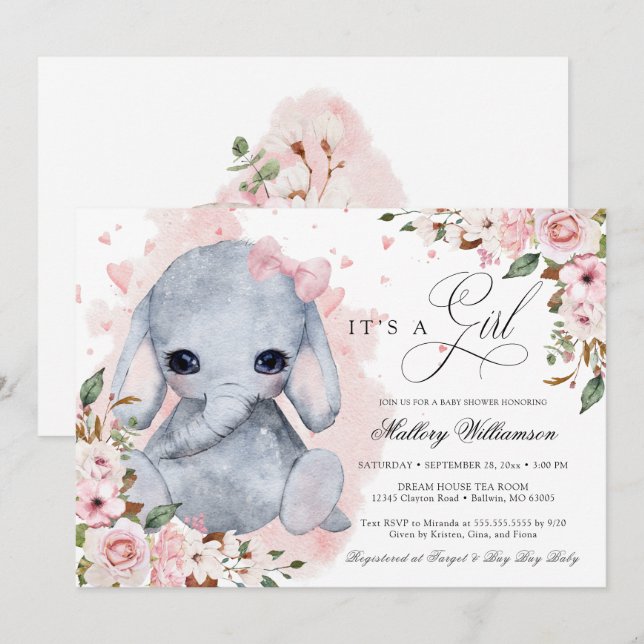 Cute Elephant Pink Rose Girl Baby Shower Invitation (Front/Back)