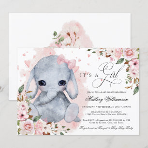 Cute Elephant Pink Rose Girl Baby Shower Invitation