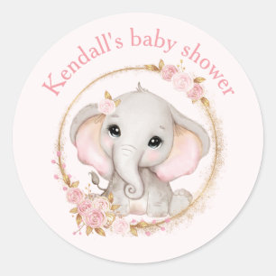 Cute Elephant Pink Roses Baby Shower Stickers