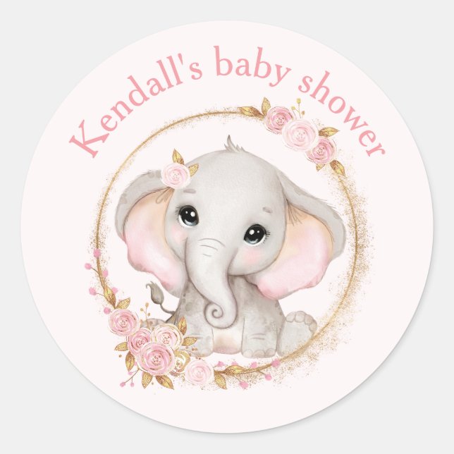 Cute Elephant Pink Roses Baby Shower Stickers (Front)