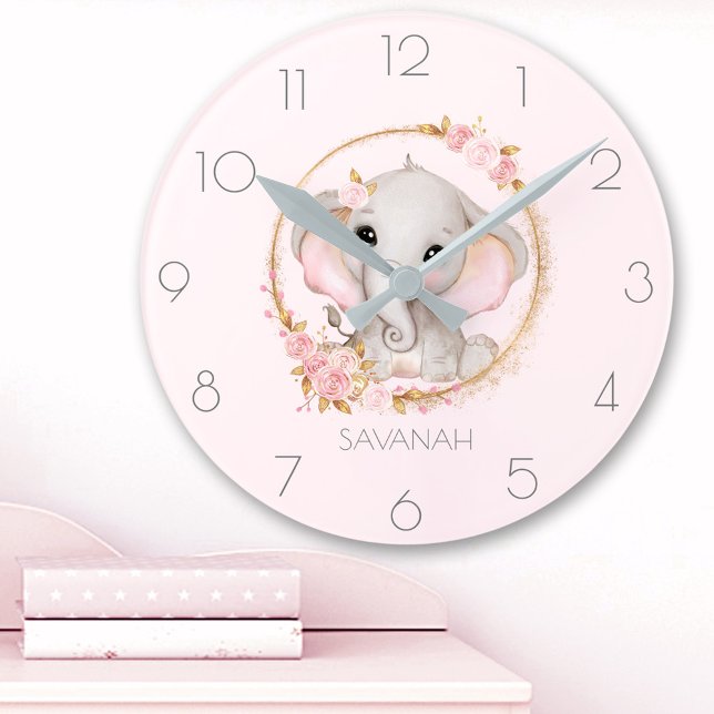 Cute Elephant Pink Roses Girl Name Round Clock (Cute Elephant Pink Roses Girl Name Round Clock)