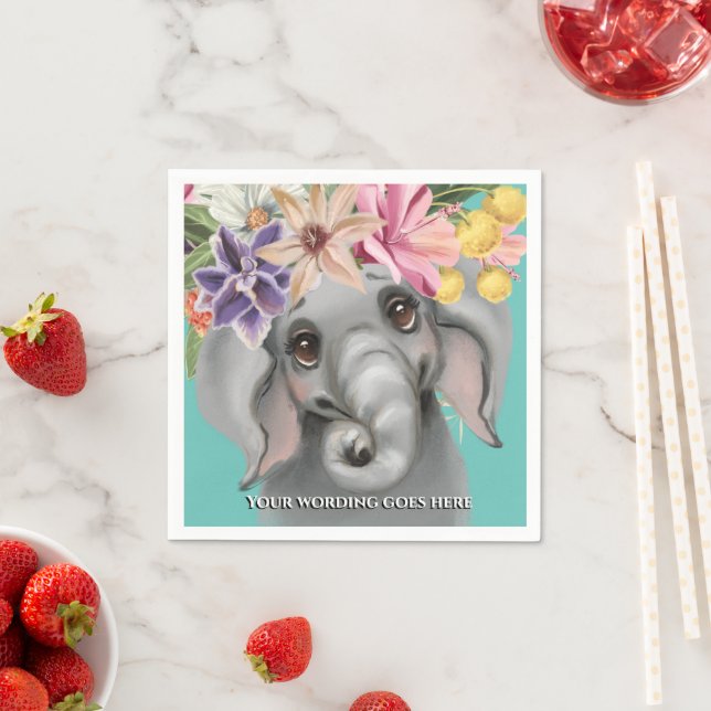 Cute elephant pink teal baby safari jungle party napkin (Insitu)