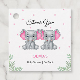 Cute Elephant Pink Twin Girls Baby Shower  Favour Tags