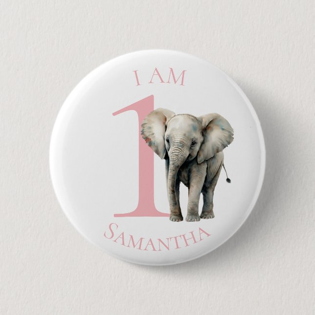 Cute Elephant Pink watercolor BIRTHDAY Button (Front)